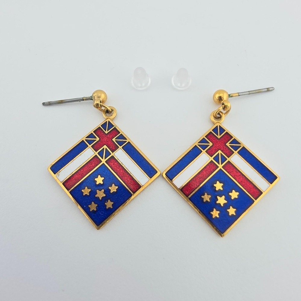 Vintage TUVALU FLAG Earrings Cloisonné Enamel Multi-Color Dangle Gold Plate 1"